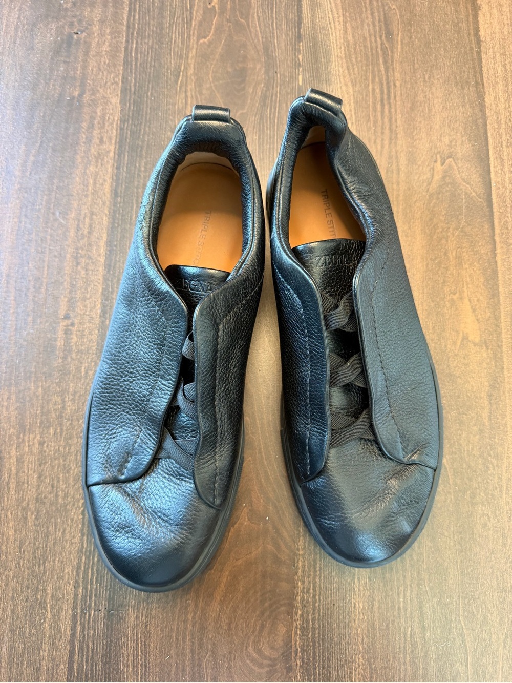 Zegna Triple Stitch Black Grained Deerskin Leather Sneaker Size 10